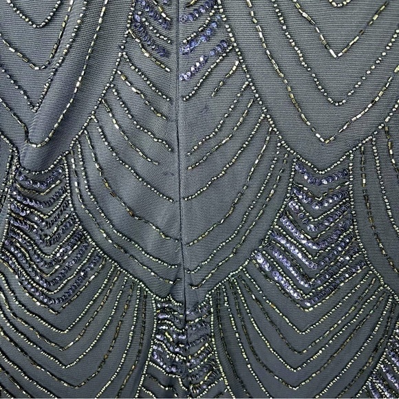 PISARRO NIGHTS BLUE ART DECO SCALLOP BEADED SHEER SLEEVE COCKTAIL SHEATH DRESS - Picture 15 of 16